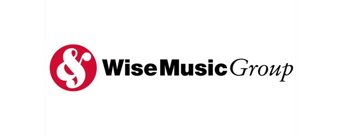 We see a white ampersand on a red circular background and in bolx black letters next to it the company name Wise Music group while group is italic and not bold