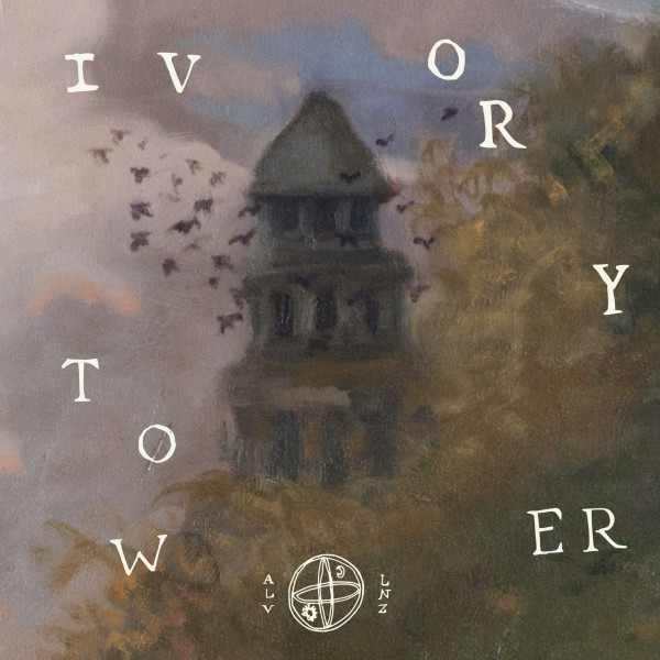 An ivory tower with birds flying around in the distance, we see just the top through the tress, behind a backdrop of a cloudy but blue sky