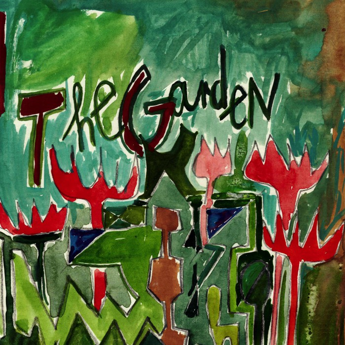 an aquarell painting of flowers, mainly red upon green. abstact shapes, not realistic, spikey flowers, with pencil outlines, above written with green paint is The Garden