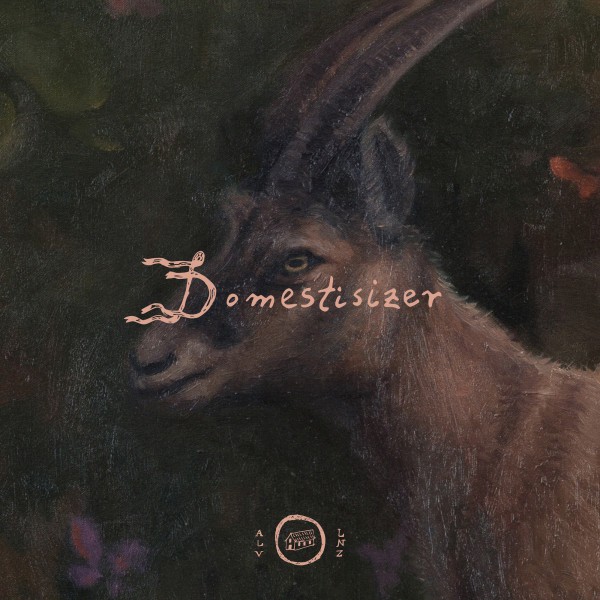We see a female mountain goats head and in dursty rose letters the words Domestisizer written across its face. The D is stylized like flowing flags, below we see a little hosue ina. circle with the letters ALV to the left and LNZ to the right.