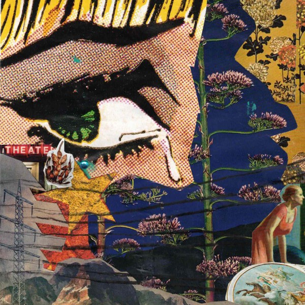 A colorful collage with different elements, most prominent a comic tyle eye in the top left corner with a tear rolling down anxiously looking to the left, a start, a theater sign, an electrical tower in a mountain scenery with hand drawn wires across the collage. A dark blue photo of a plant, a woman looking to the right out of a window it seems, layered with more flowers. A depiction of horses and angels in the cloud below her.